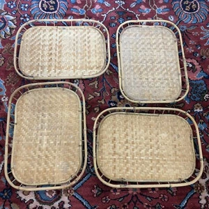 SET OF 4 Rattan Bamboo Tray Wicker Tiki Lap TV Serving Platter 11x15 Vintage - Picture 1 of 9