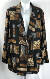 Vintage Joanna silky Blazer Jacket L Blk/Brown Single Button Pocket Retro Career - Picture 1 of 6