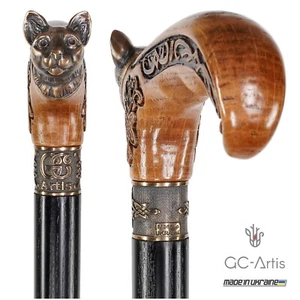 Kitty Bronze & Wood Walking Cane Stick, Brass Cat head Celtic Ornament Gift - Picture 1 of 13