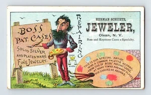 Tarjeta comercial victoriana Herman Schuetz Jeweler 1890 artista Olean NY 2,5" x 4,25" - Imagen 1 de 2