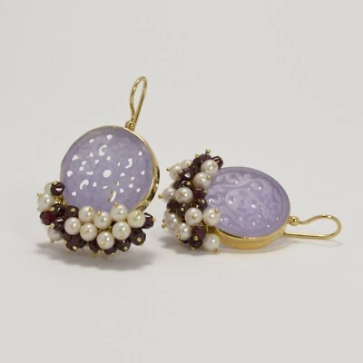 ORECCHINI IN ARGENTO 925 DORATO CON GIADA VIOLA PERLE E GRANATO AGHT 0688 - Immagine 1 di 3