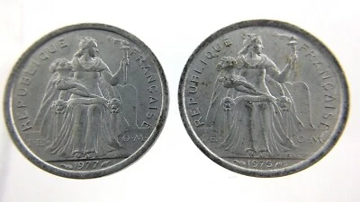 1977 1975 Two 1 Francs Republique Francaise Polynesia Circulated Coin N272 - Image 1 of 4