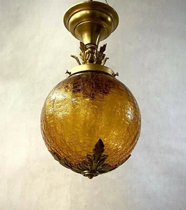 Vintage Brass Small Pendant Ceiling Light Fixture Amber Crackle Glass Shade - Picture 1 of 9