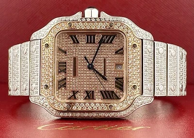Cartier Santos Men's 40mm RoseGold Dial Steel Watch Roman Iced Out 10ct Diamonds - Image 1 of 4