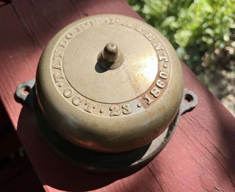 Antique Taylor's Brass Mechanical Door Bell Pat.  Oct 23, 1860 Nice Patina 2 Lbs Cover