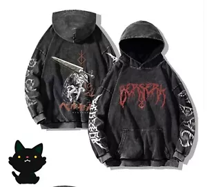 Vintage Berserk Guts Washed Cotton Hoodie Anime Men Hip Hop Pullover Sweatshirt - Picture 1 of 7