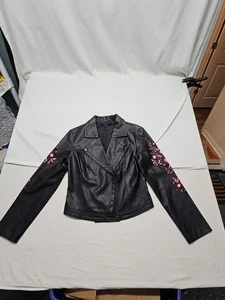 Chaqueta de Moto Guess Talla Med Negra Floral Bordada Cuero Sintético - Imagen 1 de 13