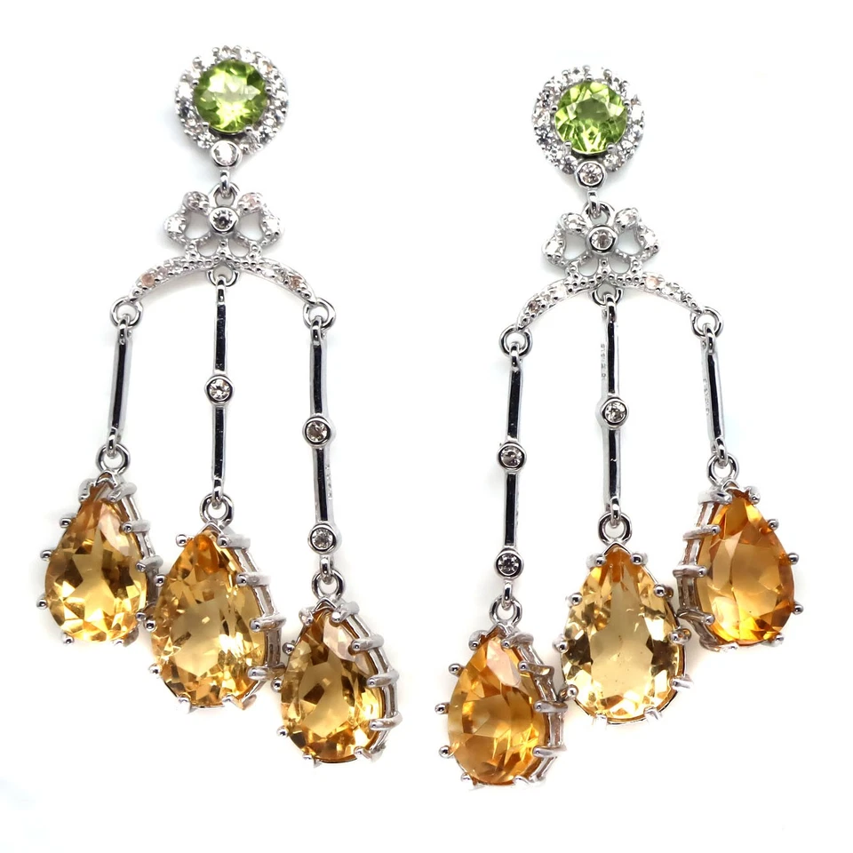 925 Sterlingsilber 8 x 12 Mm. Goldener Gelb Citrin, Peridot & Zirkonia Ohrringe - Bild 1 von 4