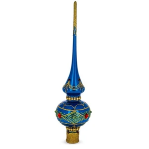 Blue and Gold with Ornate Glitter Geometrical Blown Glass Tree Topper 11 Inches - Picture 1 of 3