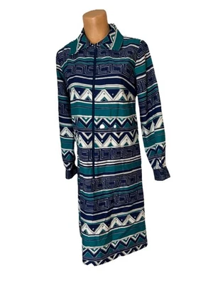 Vtg 60s 70s Sears Fashions Shirt Dress Zip Front Blue Green Geometric Sz L - Image 1 of 4
