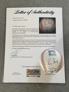 TOM GLAVINE GREG MADDUX JOHN SMOLTZ AUTOGRAPH HALL OF FAME LOGO BASEBALL PSA 692 - Picture 1 of 4