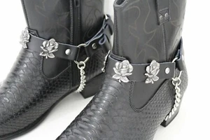 Women Men Western Black Leather Shoe Straps Rose Flower Biker Boot Pair Chain - Picture 1 of 3