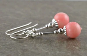 Pale Pink Natural Coral Gemstone & Sterling Silver Drop Earrings + Gift Box - Picture 1 of 7