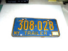 1973 License Plate, New York, 308-028 TRAILER NY Gold on Blue