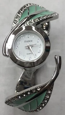 Studio Time Watch Women Silver Tone Green Resin Leaf Hinged Cuff - Image 1 of 4