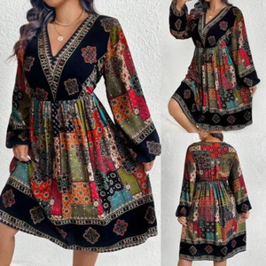 Women Colorblock Long Sleeve V-Neck Skater Dress Lantern Sleeve Party Gown US - Picture 1 of 13