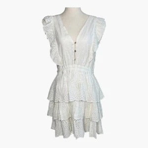 Love The Label Ruffle Tiered Mini Dress Ecru Eyelet - Picture 1 of 5