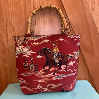 Vintage Western Purse Bamboo Handles Ranch Horse Rider With Bling Accents USA - Image 1 of 4