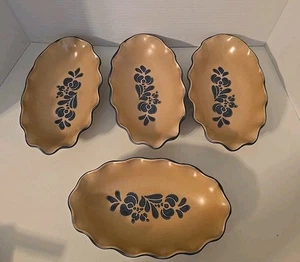Pfaltzgraff USA Ruffled Rim 9.25" Rectangular Bowls Folk Art Brown Blue-Set Of 4 - Picture 1 of 8