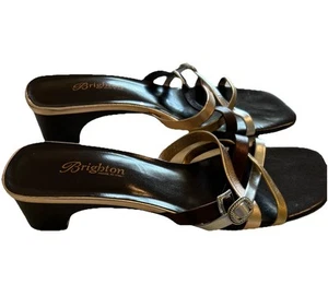 Brighton Angie Slides 9.5 N Gold Silver Leather Straps Kitten Heels Sandals EUC - Picture 1 of 8