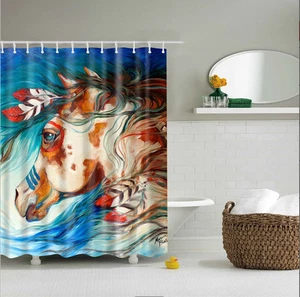 Farmhouse Shower Curtain Horse Print Fabric Bathroom Decor with Hooks-Waterproof - Picture 1 of 9