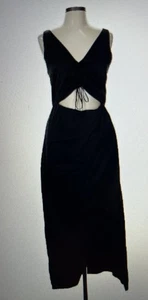 NWT Abercrombie & Fitch Black Satin Cinch Bodice Midi Sleeveless V-Neck Dress M - Picture 1 of 7