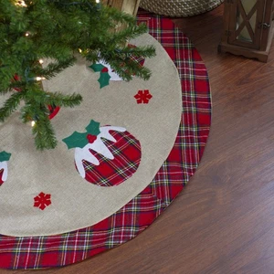 Northlight 48" Burlap Plaid Christmas Tree Skirt with Ornaments and Snowflakes - Picture 1 of 5