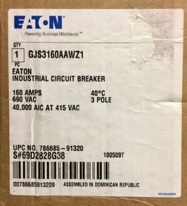 EATON CUTLER HAMMER GJS3160AAWZ1 3Pole 160AMP Series G Type GJS Circuit Breaker - Picture 1 of 2