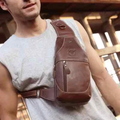 Men's Genuine Leather Sling Chest Bag Crossbody Bag Messenger Shoulder Bag  - Image 1 of 4