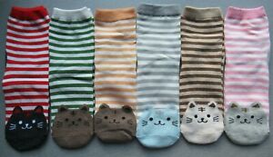 1 Pair Striped Cat Socks - 6 Colours Ladies Teens Size 3 - 6 Ankle Socks