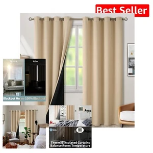 Room Darkening Thermal Insulated Curtains - Noise-Cancelling, 52x90 Inch Beige - Picture 1 of 10