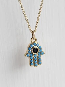 Pave TURQUOISE HAMSA Necklace Gold Plated Dainty Choker With Blue Evil Eye Gift - Picture 1 of 9