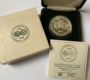 1999 50th Anniv Central Banking Philippine BSP 500 Piso Commemorative Silver - Picture 1 of 10
