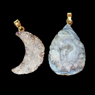 Lot Of 2 Natural Druzy Agate Pendants Natural Geode Crystal Gold Tone 1-1.5” - Image 1 of 4