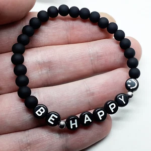 Bracciale Be Happy con smile Frase Scritta Acciaio argento perle Nero Uomo Donna - Foto 1 di 9