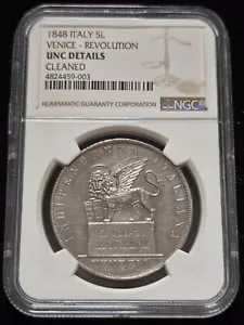 1848 Italy Silver 5 Lire, Venice - Revolution NGC UNC Details Cleaned (Z-0707) - Picture 1 of 2