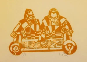 Gravure sur bois, XX, "Hommes lisant la Torah" signée,numérotée au crayon 9 /75. - Bild 1 von 1