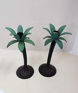 VTG PALM TREE METAL REGENCY CANDLESTICK HOLDERS Lot of 2 - 9" tall Heavy India  - Picture 1 of 10