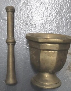 Antique Hexagon Brass Mortar & Pestle Pharmacy Druggist Tool Drug Herbs 19 C. - Picture 1 of 8