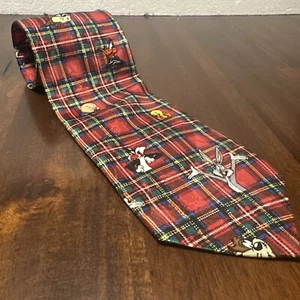 Vintage 1994 Looney Tunes Adult Neck Tie Red/Green Plaid - Picture 1 of 6