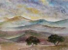 ACEO Original Painting Art Card Landscape Trees Walk Field Mountains Watercolour