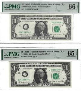 (2) Fr.1902-J 1963 $1 Federal Reserve Note Barr Notes Kansas City PMG 66 & 65EPQ - Picture 1 of 2