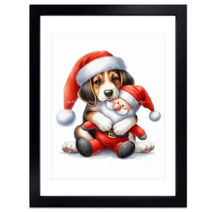 DigiPups American Foxhound Christmas Stuffed Santa Holiday Print Framed Art - Picture 1 of 4
