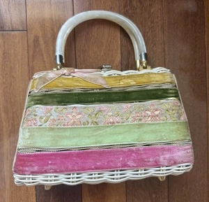 Toni Algodón Palm Beach Blanco Paja Cartera Lucite Mango Arco Terciopelo Cinta Raro 9” - Imagen 1 de 14