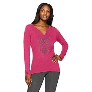 Hanes Women's Split Neck Graphic Long Sleeve Tee, Glitter owl/deep Raspberry Hea - Picture 1 of 3