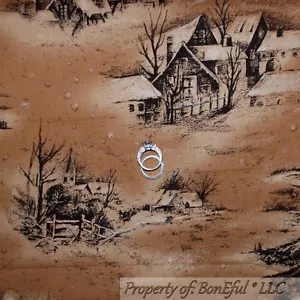 BonEful Fabric FQ Cotton Quilt VTG Brown Log Cabin Xmas Town Scenic Winter House - Picture 1 of 11