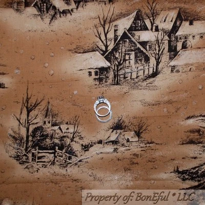 BonEful Fabric FQ Cotton Quilt VTG Brown Log Cabin Xmas Town Scenic Winter House - Image 1 of 4