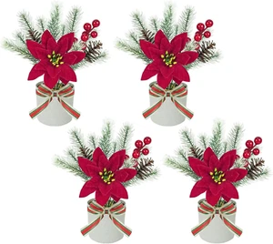 4 Pack Poinsettias Artificial Christmas Flowers, Tabletop Small Christmas Potted - Picture 1 of 12