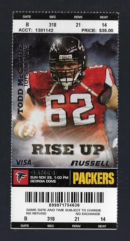 2010 NFL GREEN BAY PACKERS @ ATLANTA FALCONS FULL UNUSED FOOTBALL TICKET Cover