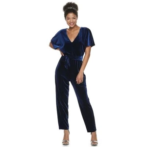 Lily Rose Juniors Velvet Jumpsuit Size XL Blue Belted Flutter Sleeves V-neck NWT - Bild 1 von 14